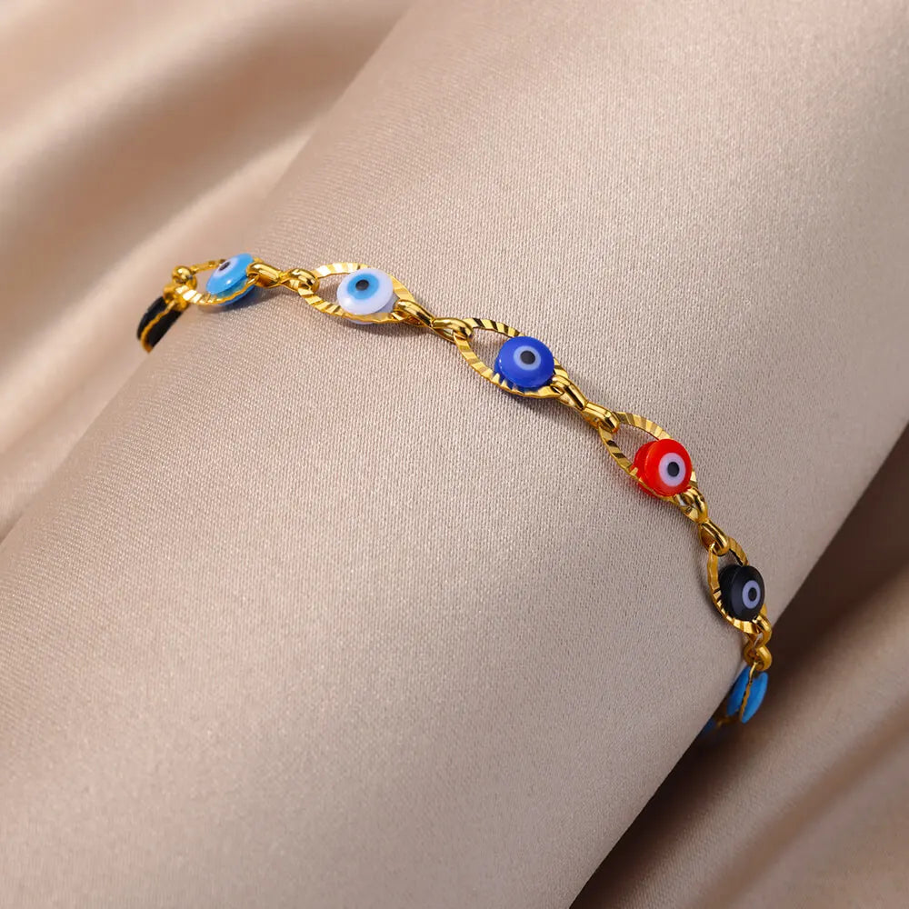 Gothic Rainbow Evil Eye Bracelet for Women Stainless Steel Gold Color Turkish Charm Chain Jewelry