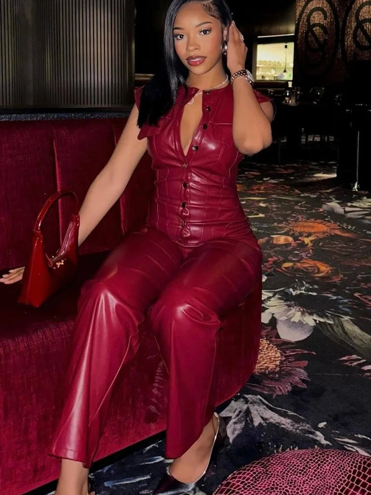High Street Red Faux Leather Sleeveless Jumpsuit for Women with Button Details Fitted PU Leather Romper