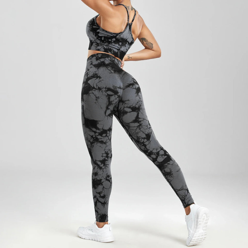 1/2/3PCS Tie Dye Seamless Women's High Waist Activewear Sets Stretch Sport Pants and Y2K Print Crop Tops for Running and Autumn Fitness