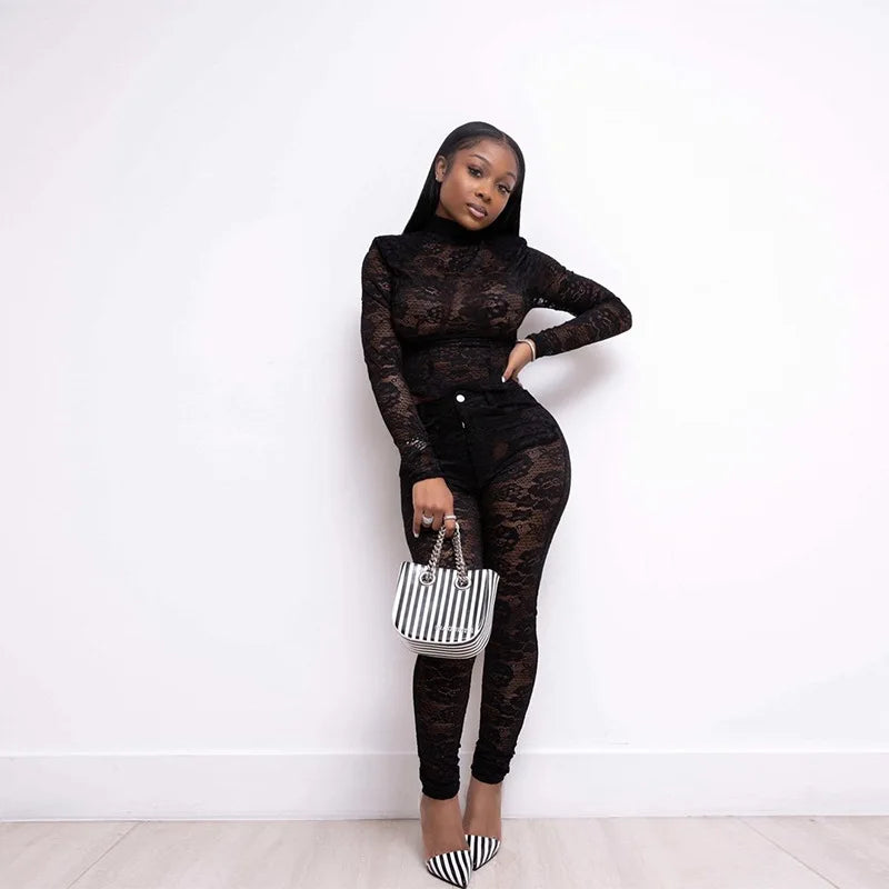 Lace Hollow Out Bodysuit and Pants Set for Women - Slim Fit Midnight Party Bodycon Outfit for Cocktail Events