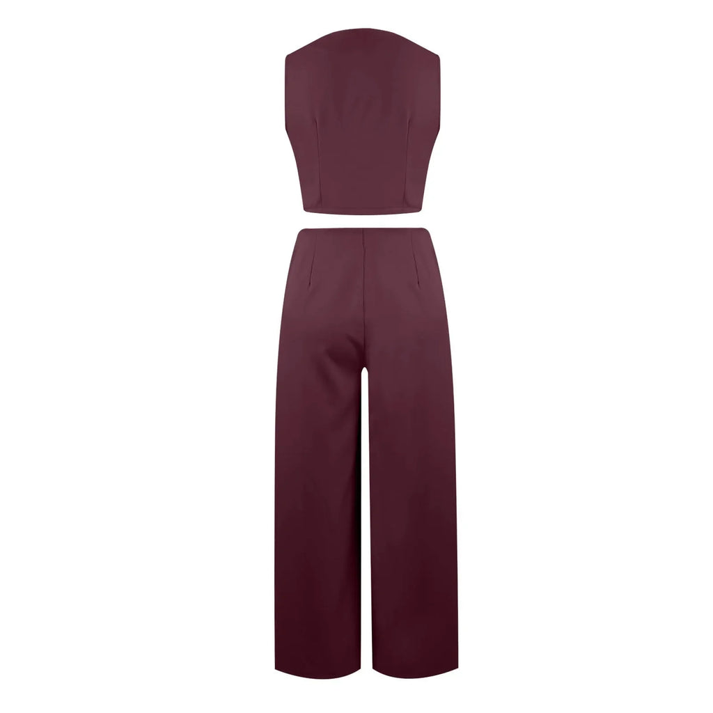 Sleeveless V-Neck Vest and Wide Leg Pants Suit for Women