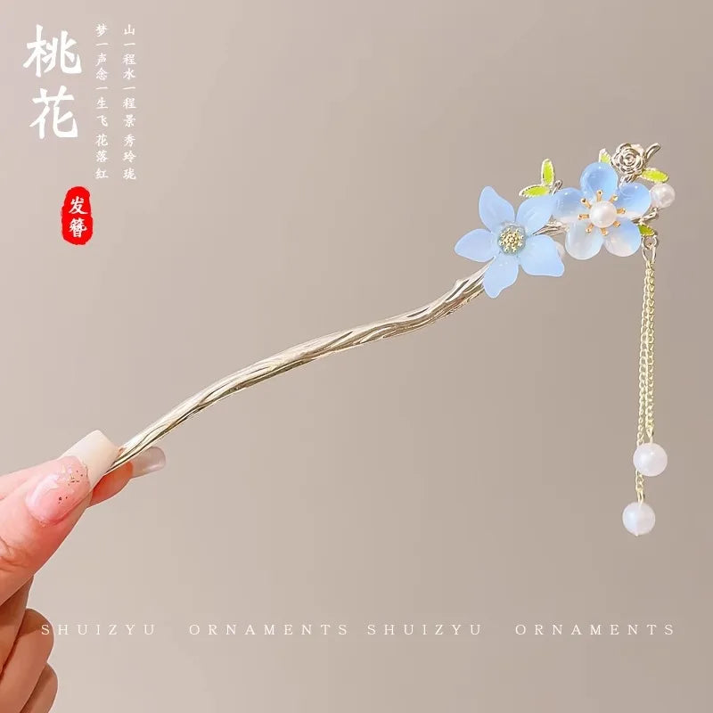 Elegant Enameled Flower Tassel Hair Clip Alloy Hairpin for Women Stylish Chinese Hair Accessory