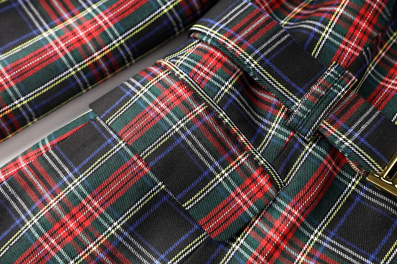 Black Red Plaid Blazer Dress With Belt For Office Women