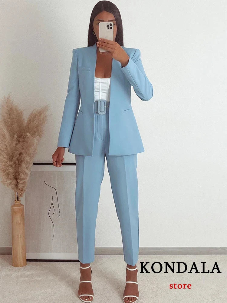 Light Blue Blazer Suit Set for Women with V Neck Loose Jacket and High Waist Sashed Pants Fashionable Autumn Outfit