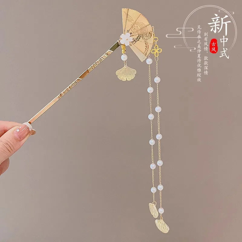 Elegant Enameled Flower Tassel Hair Clip Alloy Hairpin for Women Stylish Chinese Hair Accessory