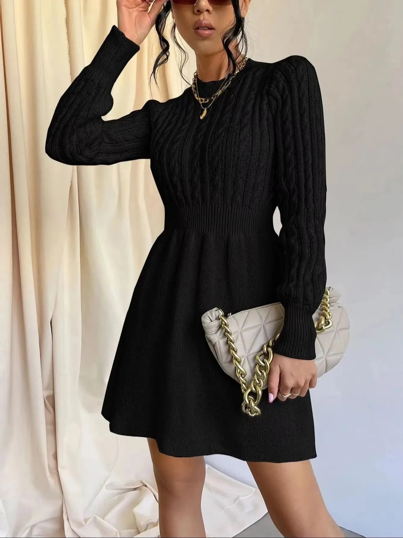 Cable Knit Sweater Dress Solid Knit Long Sleeve For Women