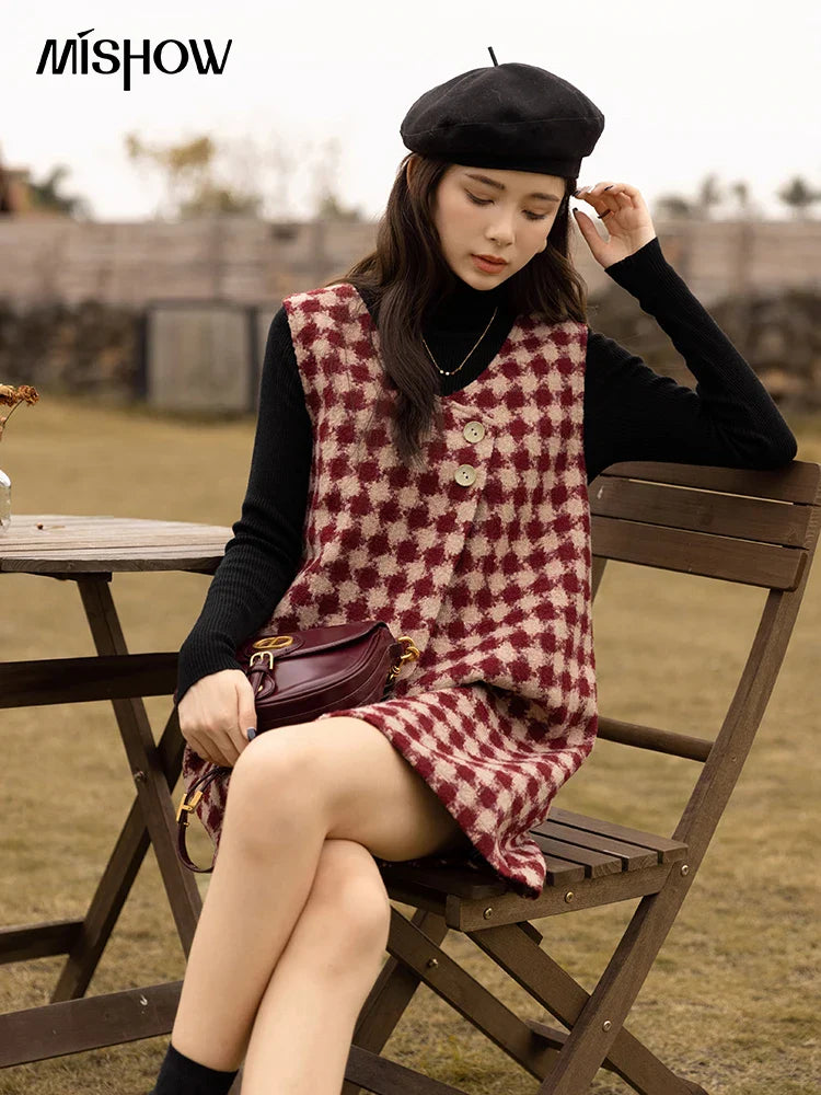 Plaid Vest Dress Aline Woolen Sleeveless Vneck Chic