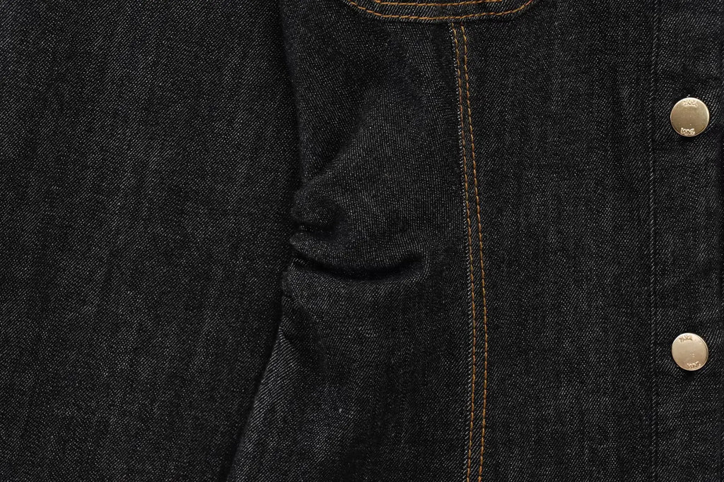 Women Black Denim Pants Set with Fitted Shirt and Patch Pockets Straight Leg Jeans Suit