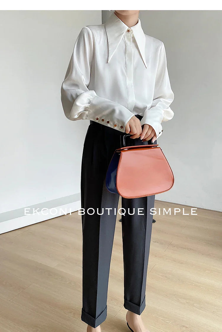 Elegant Turn Down Collar Satin Silk Blouse Vintage Button Closure White Lantern Sleeve Office Lady Shirt Chic Feminine Top