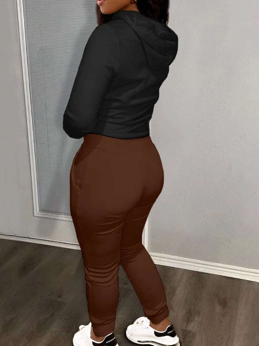 Kangaroo Pocket Hooded Tracksuit for Women - Casual Patchwork Long Sleeve Sweat Outfit