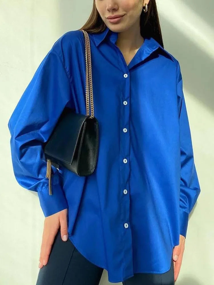 Women's Oversized Cotton Shirt in Candy Colors Long Sleeve Solid Green Blouse Casual Comfortable Stylish Top