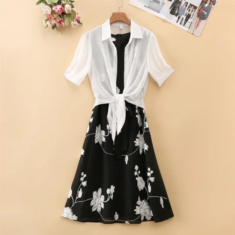 Elegant High Waist Sleeveless Two-Piece Dress with Slim A-Line Skirt Floral Embroidery White Top and Bow Belt Vintage Inspired Women's Suit