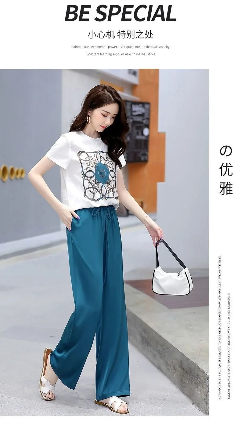 Women's Plus Size Two Piece Suit Set with Short Sleeve Tops and Wide Leg Pants for Casual Summer Fashion