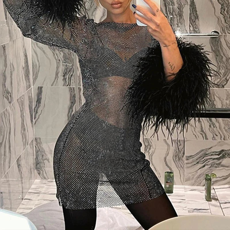 Black Mesh Bodycon Dress Long Sleeve Women Clubwear