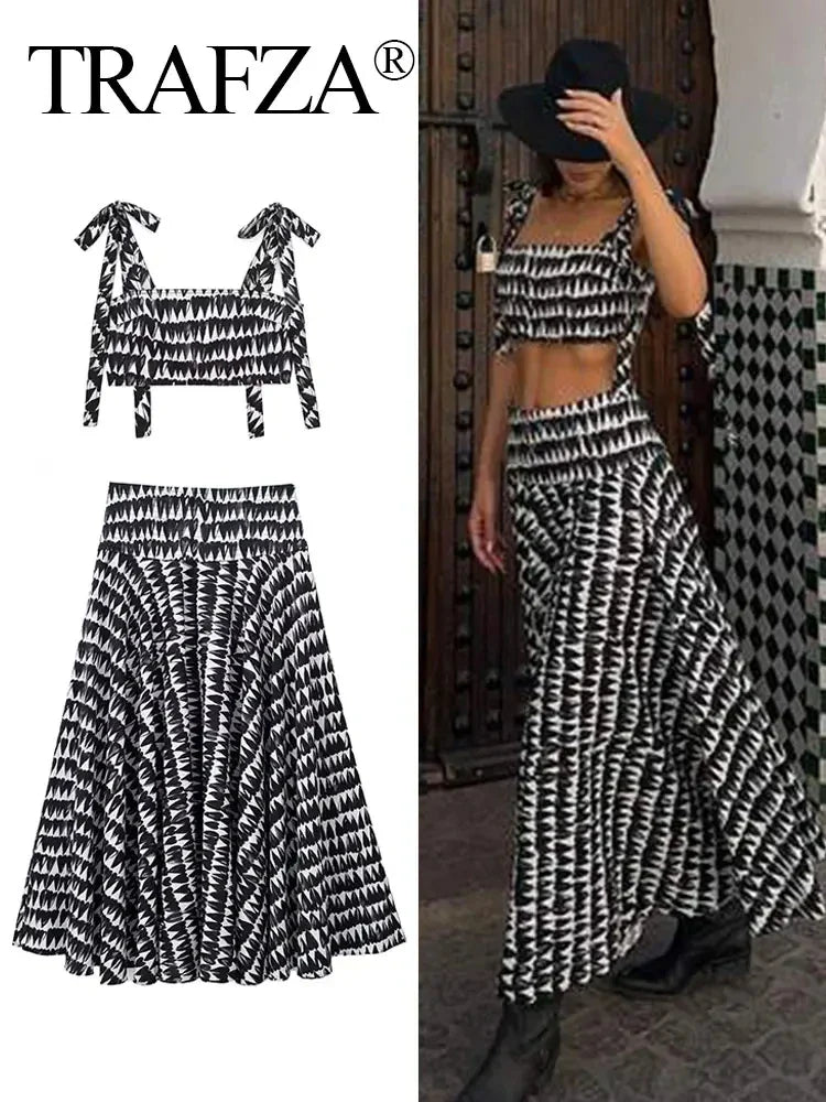 Women's Fashion Print Set Sexy Backless Sleeveless Slim Lace-Up Corset Crop Top with Elegant A-Line Pleated Midi Skirt