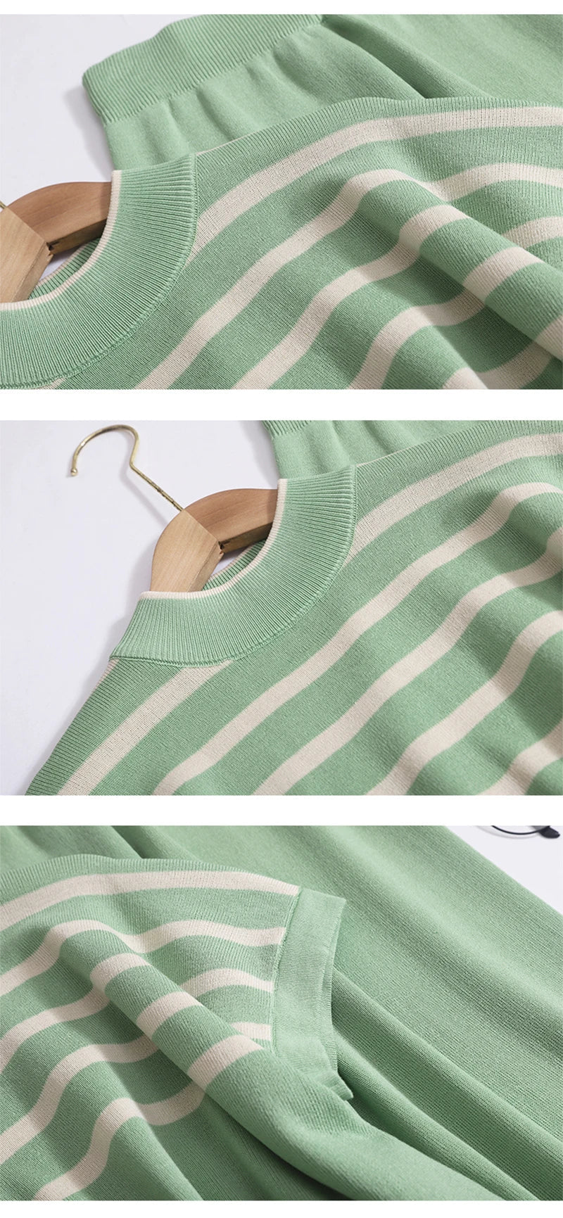 Women Knit Striped Two Piece Set Casual Short Sleeve Top and Loose Trousers Outfit