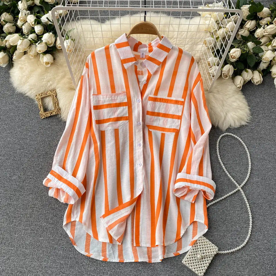 Elegant Medium Length Vertical Stripe Shirt Jacket for Women Casual Loose Fitting Korean Style Blouse
