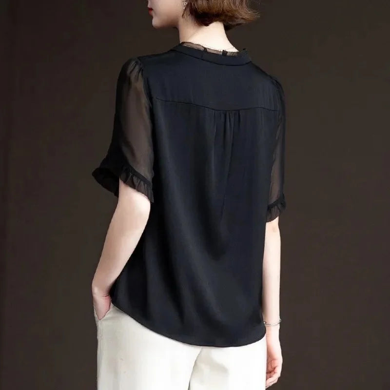 Women's Summer Chiffon Blouse Casual Short Sleeve O-Neck Top in Black Lightweight Breathable Shirt