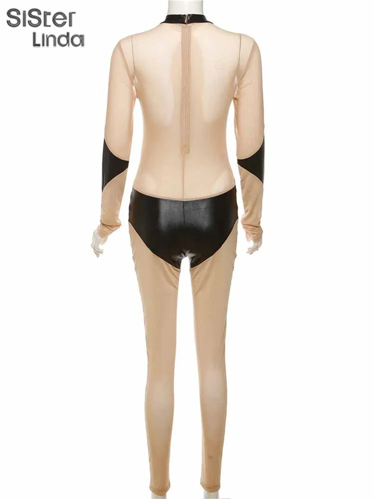 Sexy Mesh Patchwork Long Sleeve Skinny See-Through Zip One-Piece Jumpsuit for Women Party Clubwear