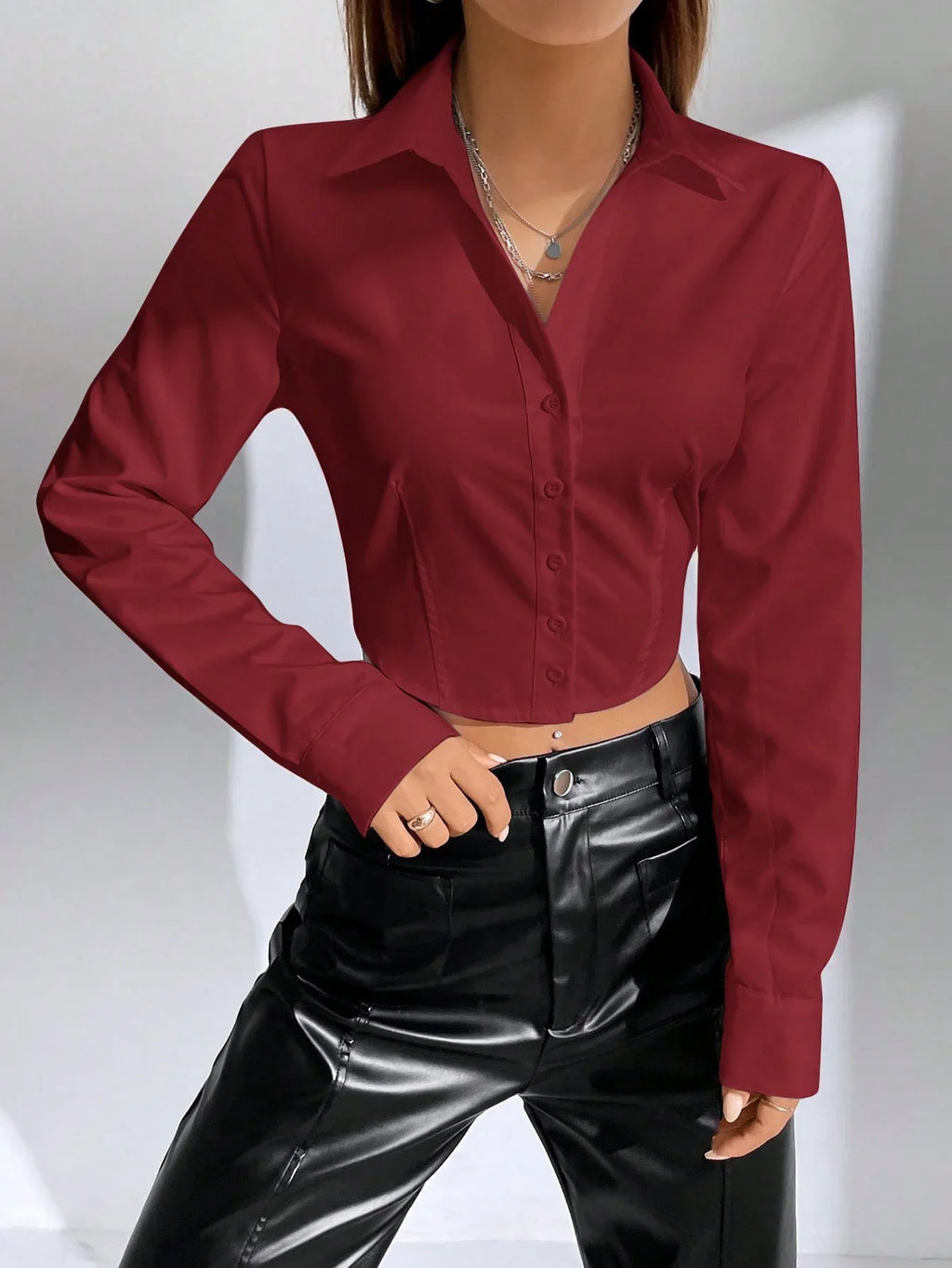Women's Casual Solid Color Button Front Crop Shirt with Long Sleeves and Short Hem
