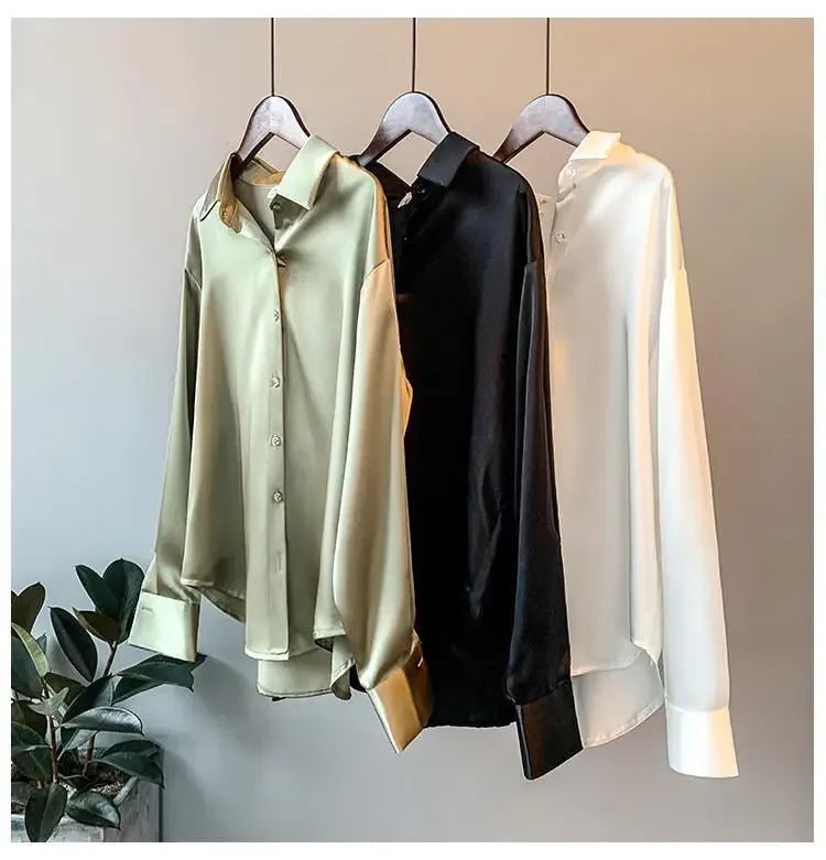 Long Sleeve Satin Shirt for Women Draped Retro Style Sun-Proof Lightweight Blouse Perfect for Spring and Summer All-Matching Fashion Top