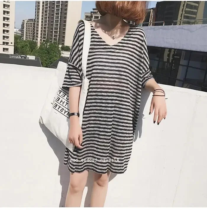 Summer Women's Striped T-Shirt Dress Loose Fit Short Sleeve Casual Tee for Home Wear