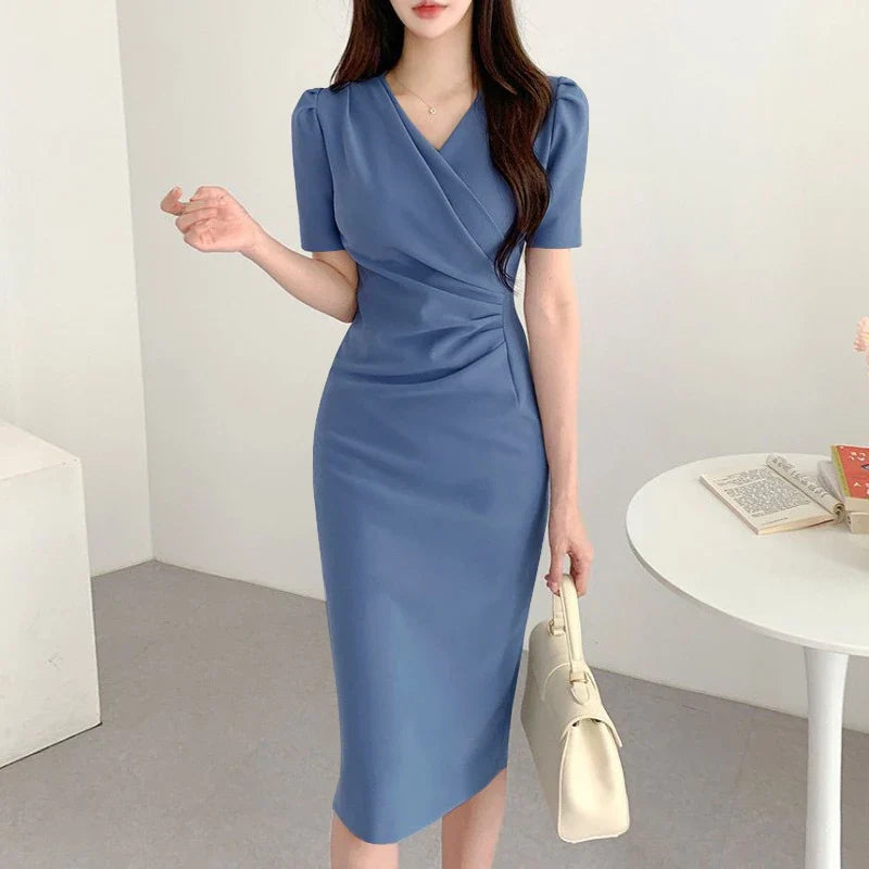 Elegant Women Office Dress V Neck Solid Color Short Sleeve