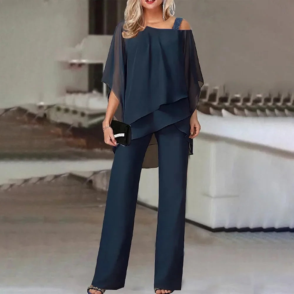Fashionable Women's Two Piece Set with Bat Sleeve Top and Wide Leg Pants for Casual Parties
