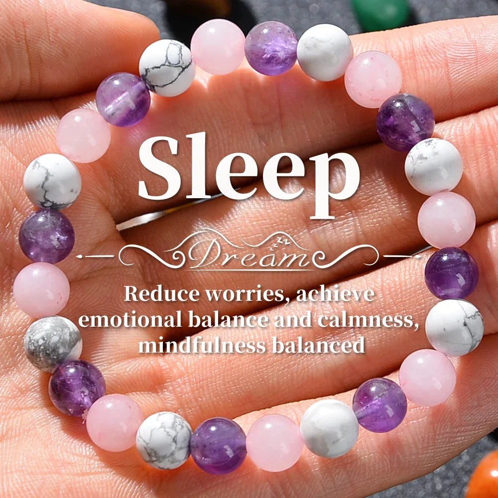 Fashionable Aura Balancing Sleep Bracelet with Natural Stones - White Turquoise, Amethyst and Rose Quartz 8mm