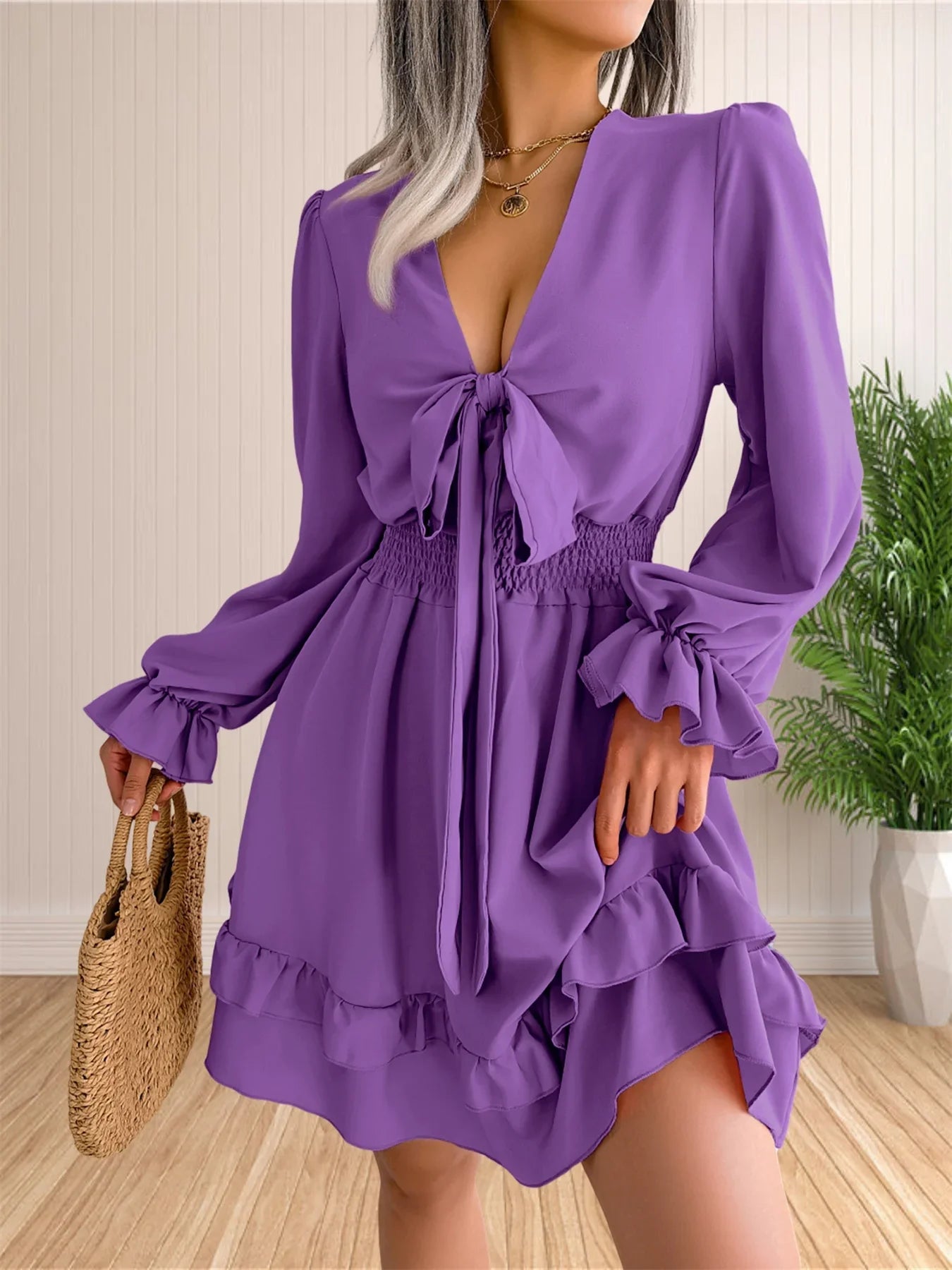 Womens V Neck Knot Front Smocked Waist Tiered Skater Dress