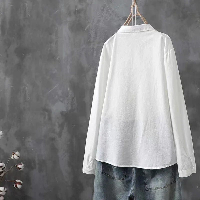Cotton White Embroidered Long Sleeve Women's Shirt with Lapel Collar and Button Detail Casual Fashion Blouse for Everyday Wear