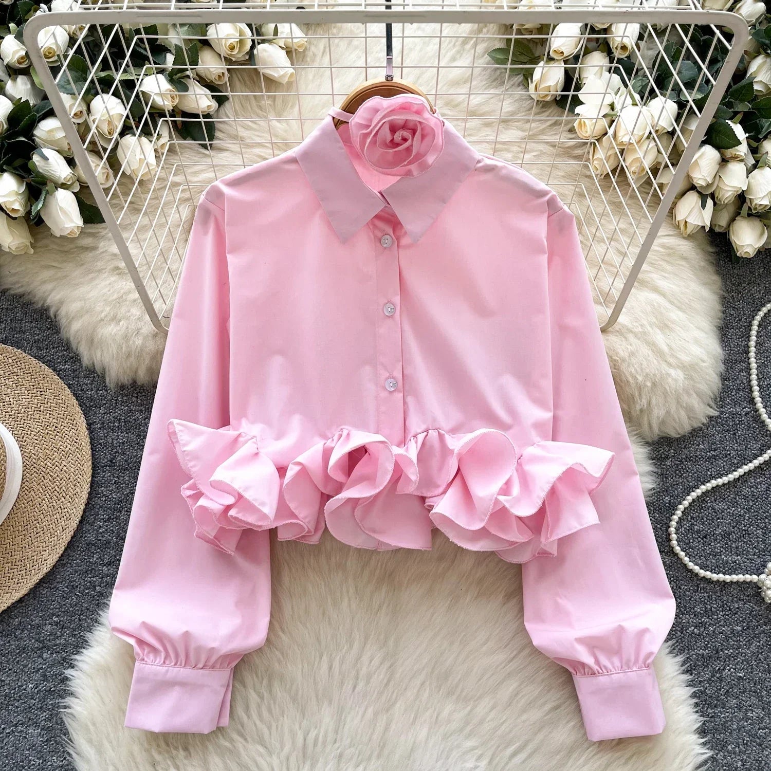 Women's 3D Floral Long Sleeve Blouse Single Breasted Turn-Down Collar Slim Fit Solid Color Shirt