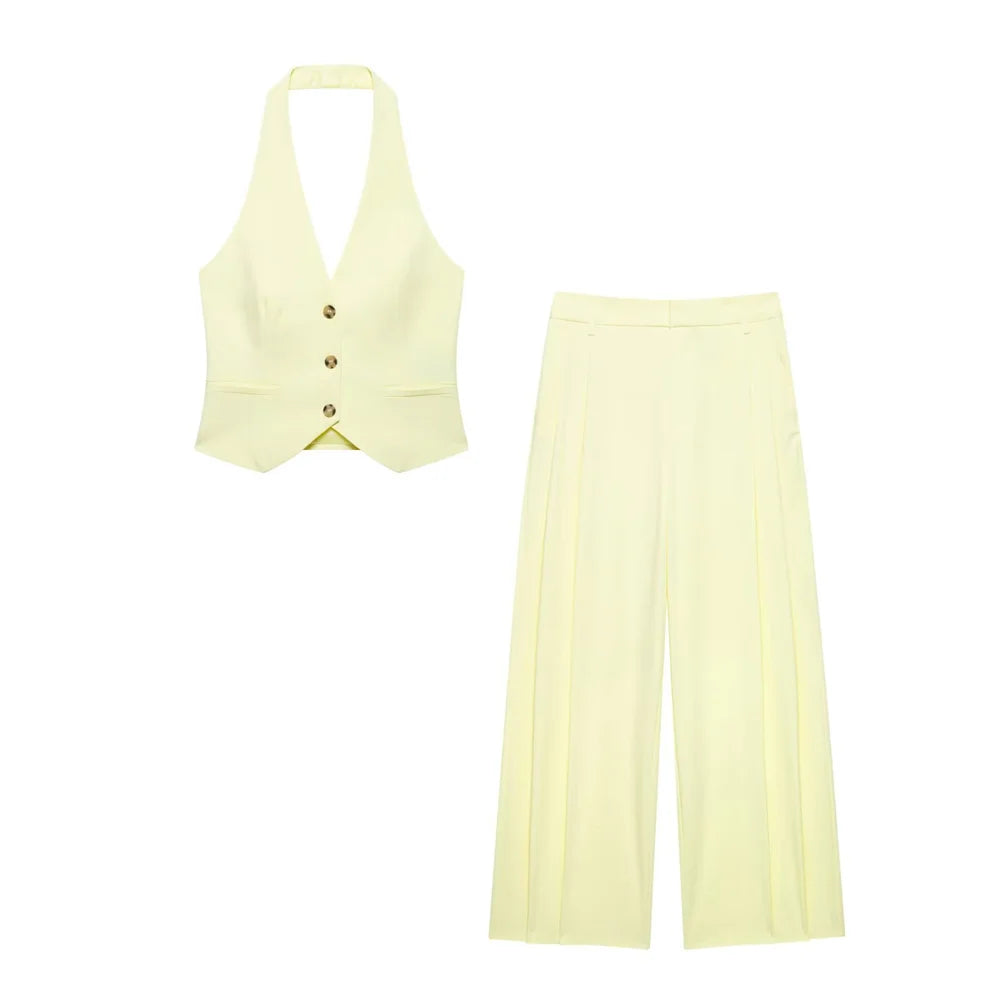 Womens Light Yellow Suit Set Halter Vest with Gold Buttons and Pleated Wide Leg Pants Stylish Ensemble