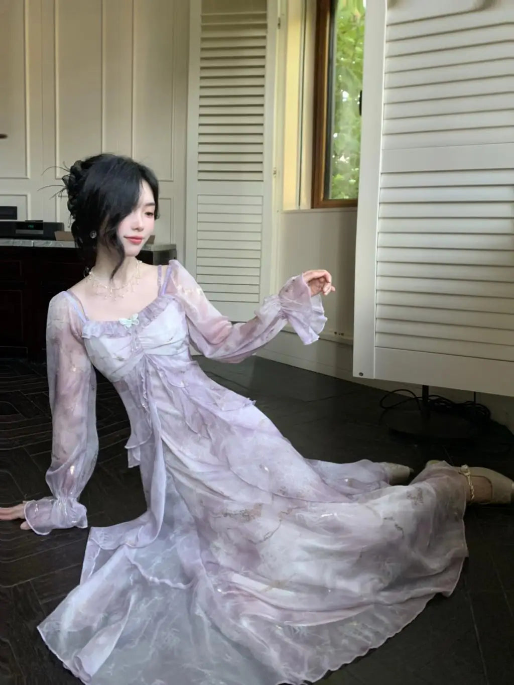 Off Shoulder Dress Ruffle A Line Long French Print