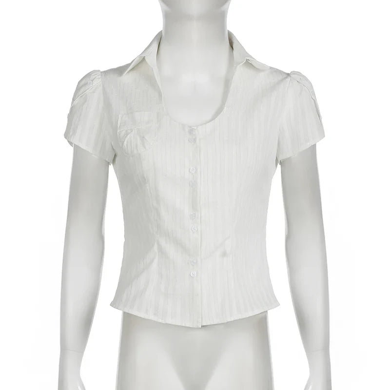 Slim Striped Blouse for Women Casual V-Neck Turn-Down Collar Short Puff Sleeve Summer Shirt