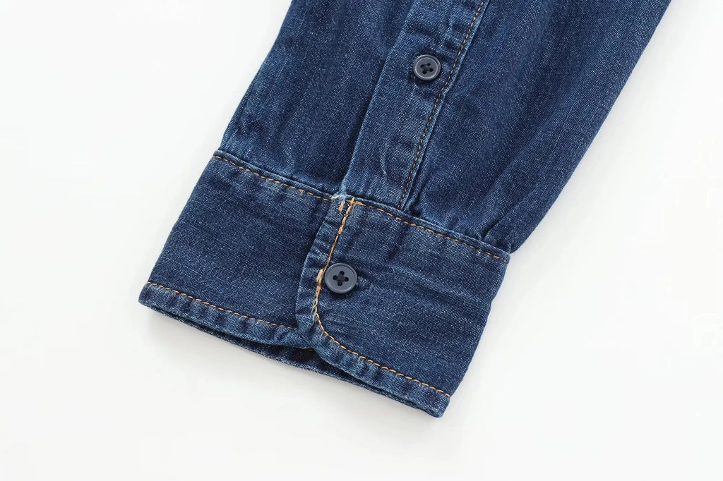 Women's Elegant Denim Shirt with Bowtie Single Breasted Casual Streetwear Autumn Winter Fashion Solid Button-Up