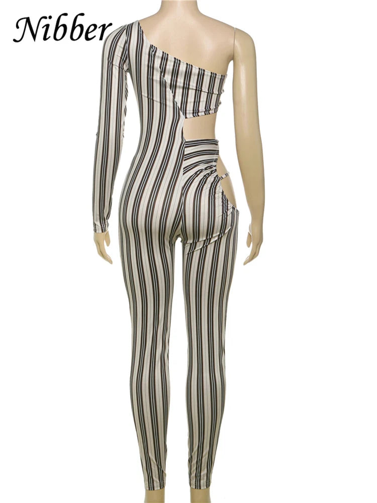 Sexy Hollow Ruched Jumpsuit for Women Irregular Hipster Stripe Print Full Sleeve Midnight Fit Workout Overalls