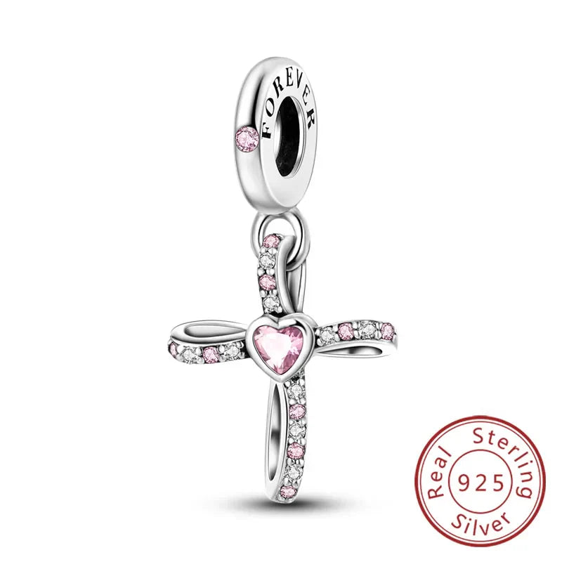 925 Sterling Silver Pink Pendant Charm for DIY Jewelry Bracelet and Necklace