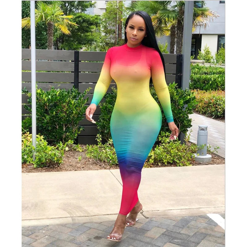 Rainbow Gradient Sheer O Neck Dress For Clubwear Nights