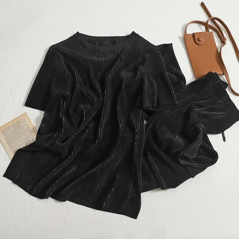 Elegant Summer Two Piece Set for Women Featuring Round Neck T-Shirt and High Waist Wide Leg Pants