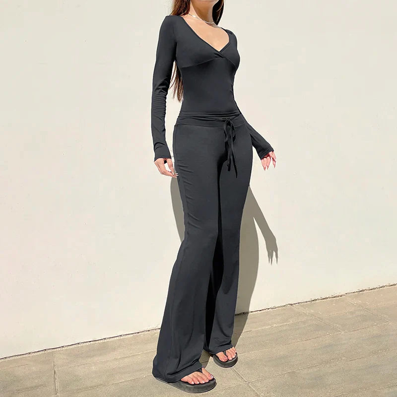 Chic Casual V-Neck Tops and Drawstring Full Length Pants Women's Slim Outfit Set