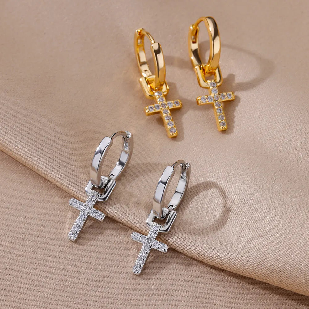 Zircon Cross Dangle Earrings for Women - Stainless Steel Wedding Jewelry for Couples and Girls
