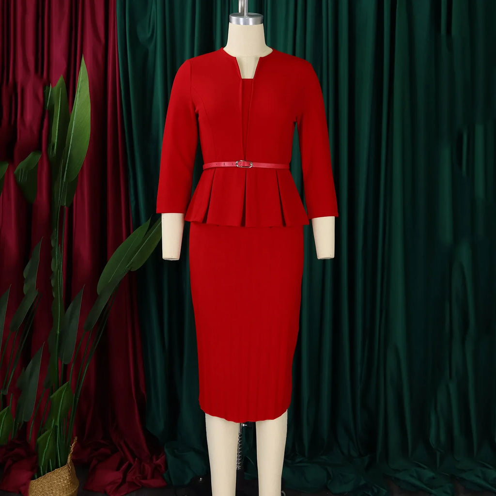 V Neck Office Sheath Dress For Women Belted Midi Style