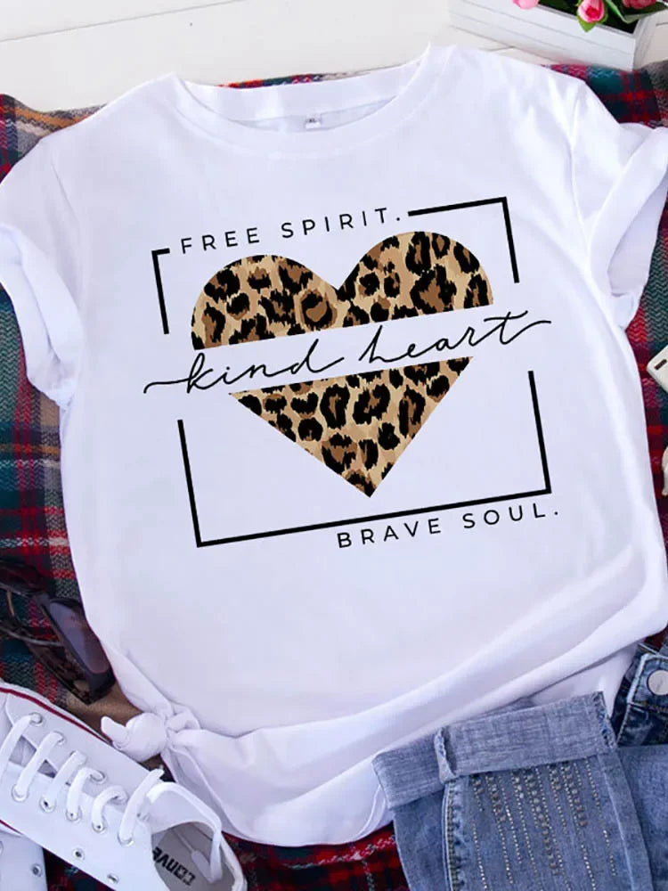Graphic Printed T Shirt for Women with Leopard Love Design and Heart Print Short Sleeve Tee
