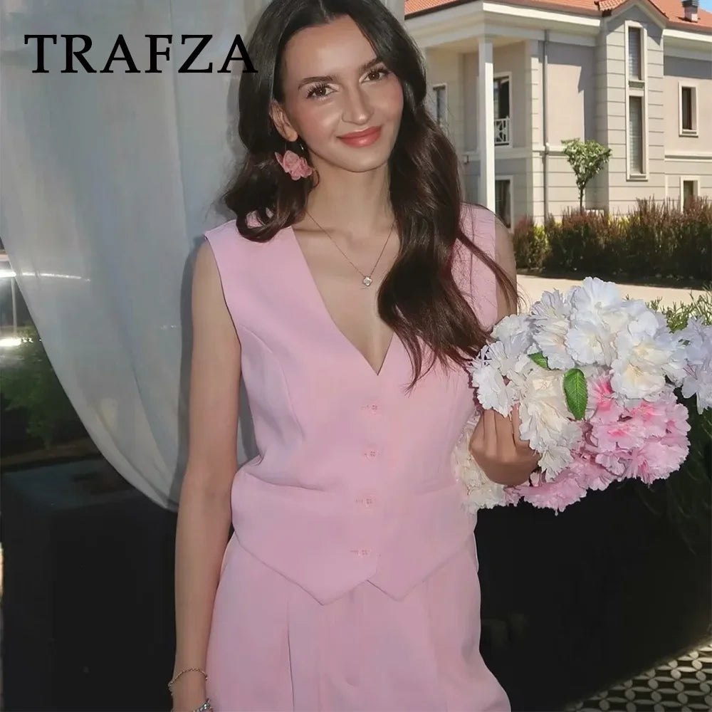 Casual Solid V Neck Sleeveless Vest and Wide Leg Pants Set for Elegant Summer Style