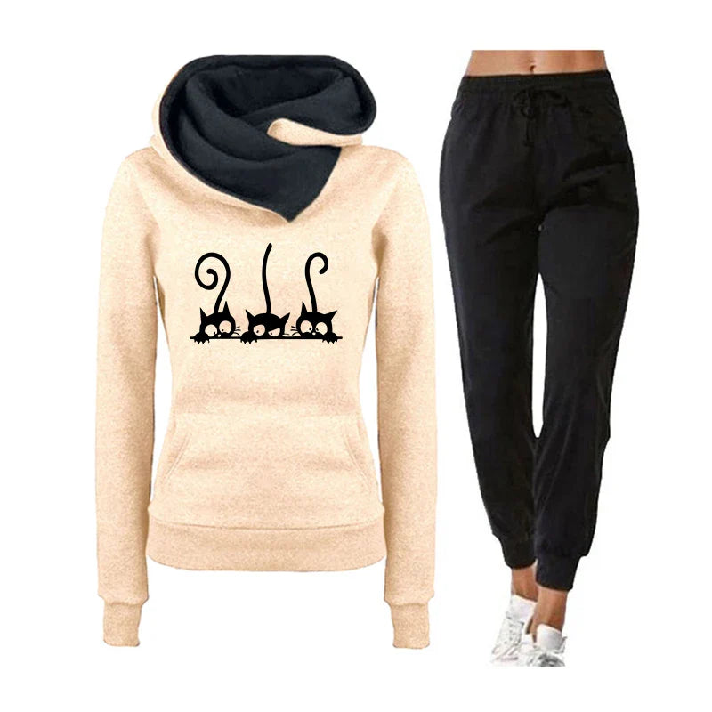 Womens Cute Cat Print Tracksuit Hooded Sweatshirt and Jogging Pants Set for Casual Autumn and Winter Wear