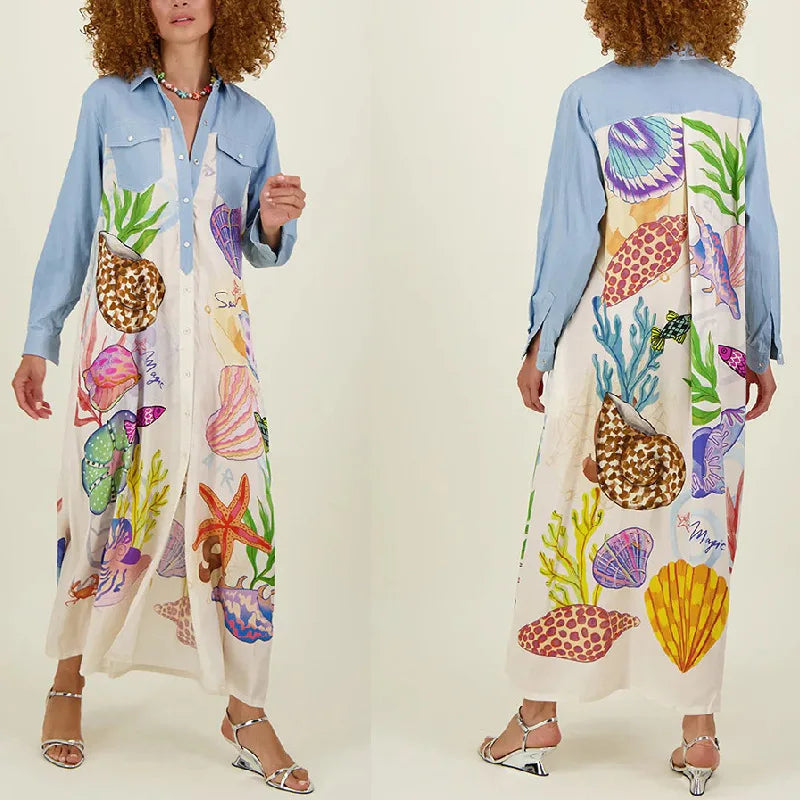 Personality Printed Long Sleeve Single Breasted Shirt with Lapel Collar and Skirt Set for Women