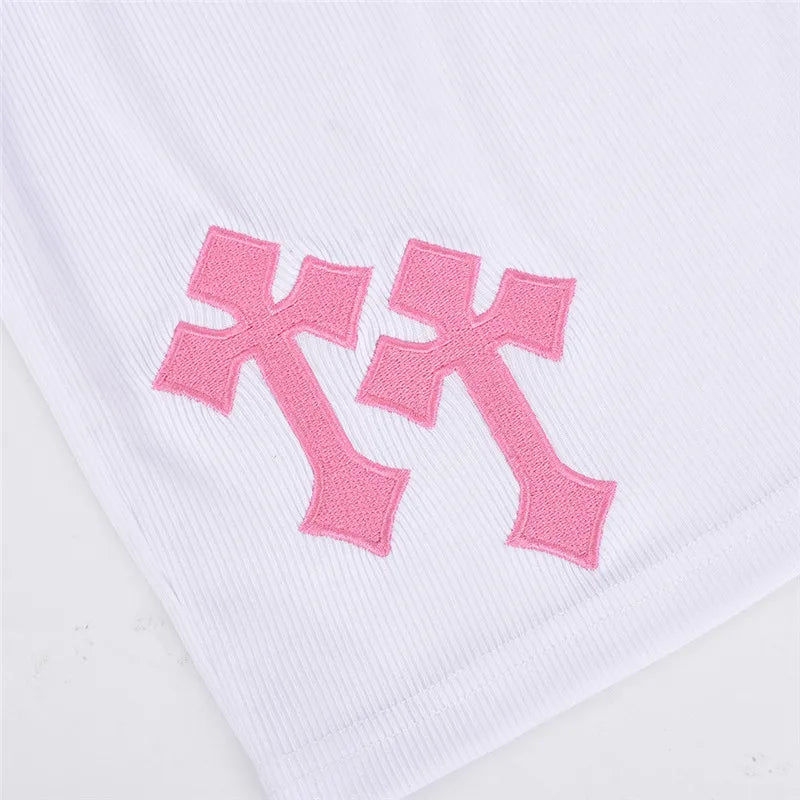 Women Two Piece Ribbed Skirt Set with Cross Embroidered Sleeveless Crop Top and Mini Skirt Party Dress