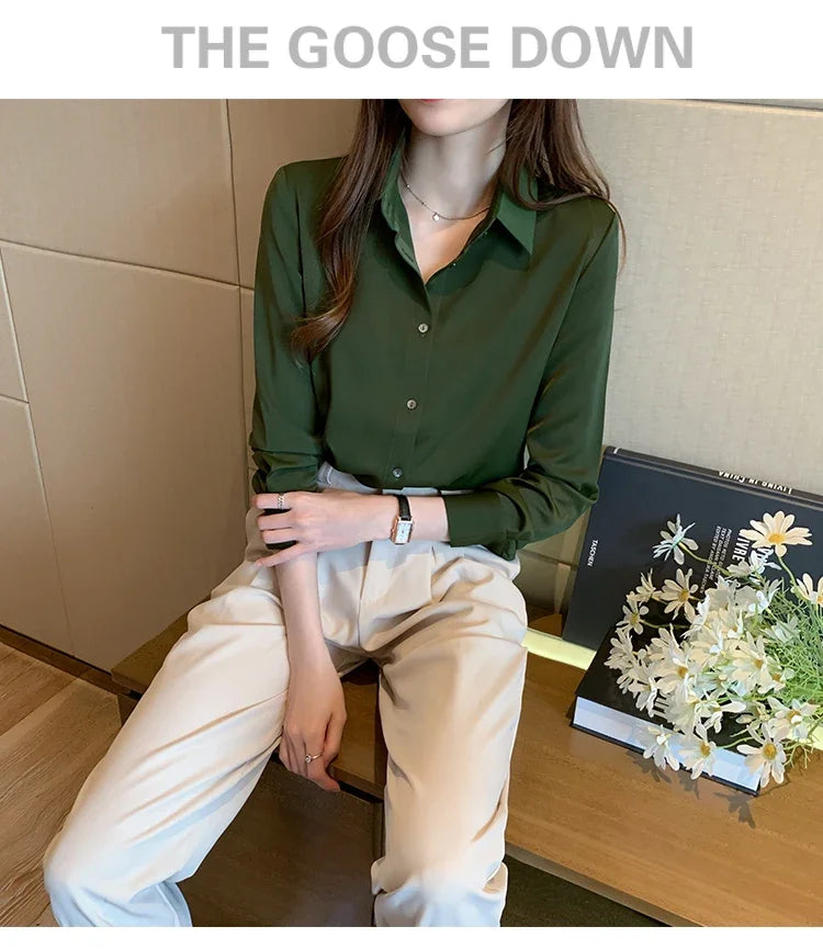 Elegant Satin Long Sleeve Blouse for Women Casual Office Shirt Solid White Basic Top