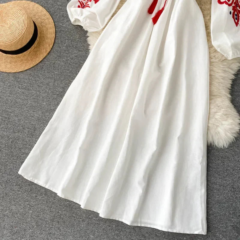 Bohemian Embroidered Floral Dress With Lantern Sleeve